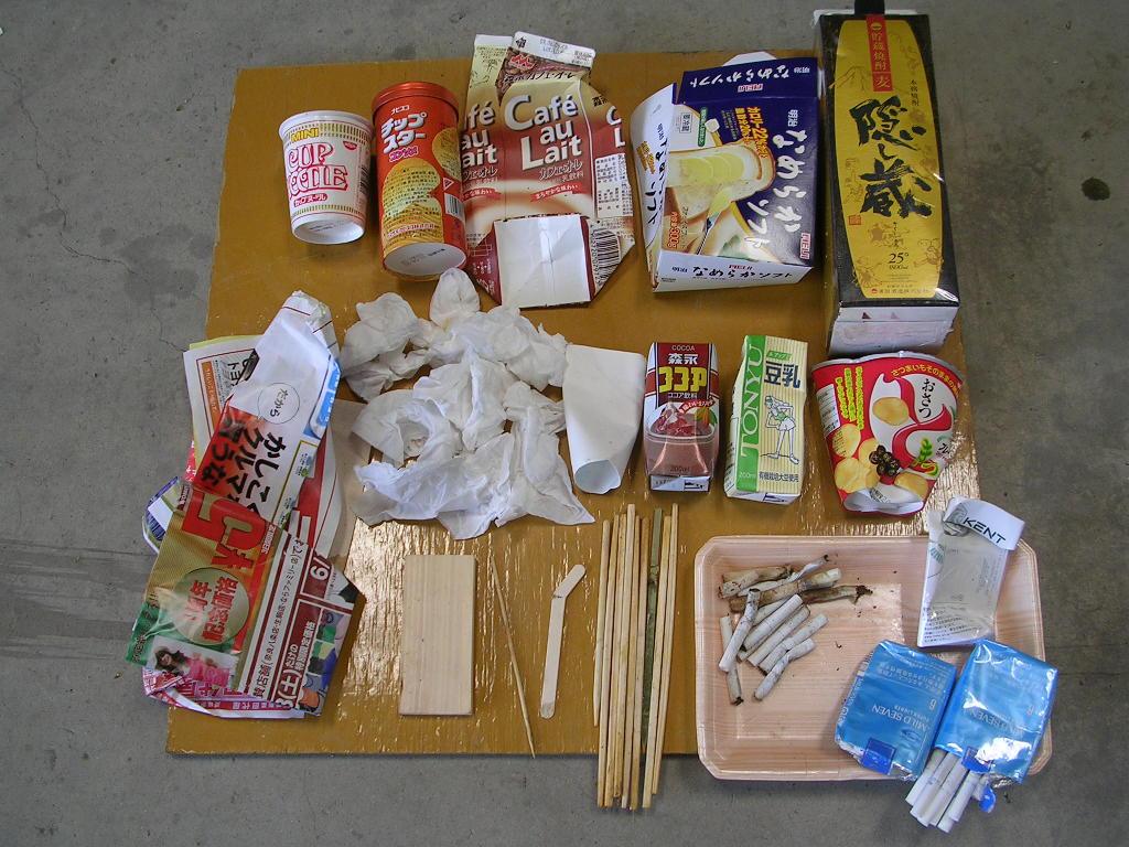 ティッシュ、紙パック、タバコ、竹串などが地面に並べて置かれてある写真