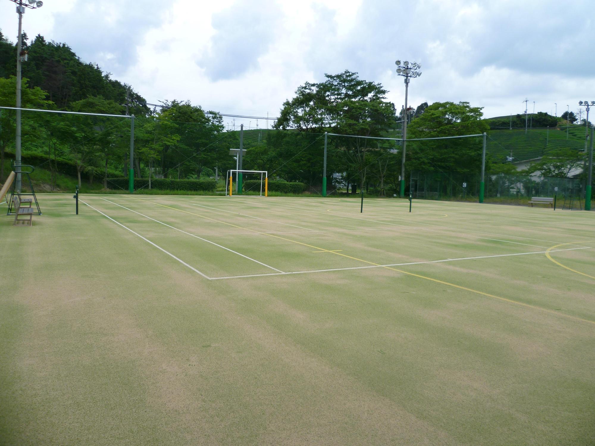 周りがネットに囲まれている、照明が設置された2面の砂入り人工芝のテニスコートの写真